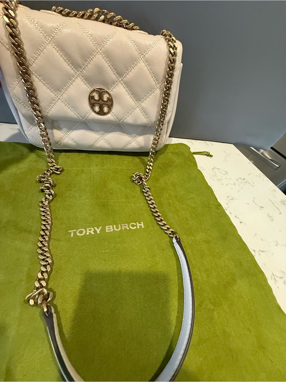 Tory Burch Cream Quilted Chain Crossbody Bag with Gold Hardware